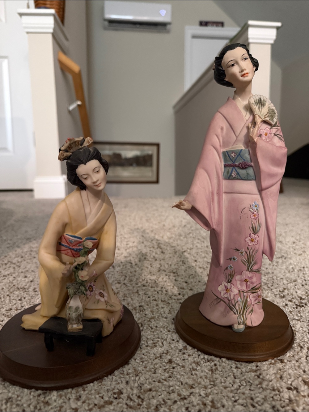 Vintage Porcelain Japanese Geisha Figurines Set of 2 on Wooden Bases